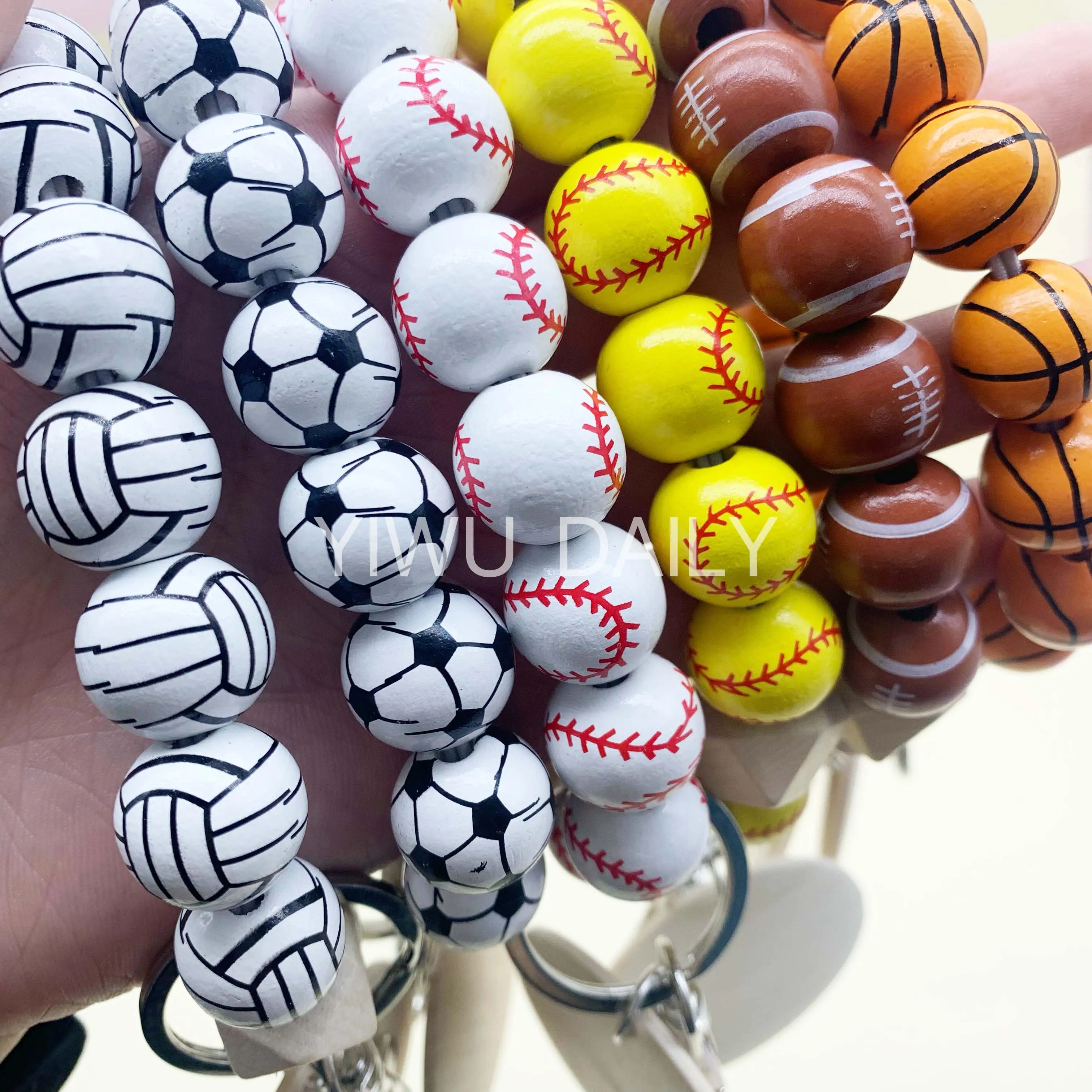 Custom Baseball Sporty Wristlet Key Ring Wood Disc Rugby Football Basketball Wooden Beaded Bracelet keychain