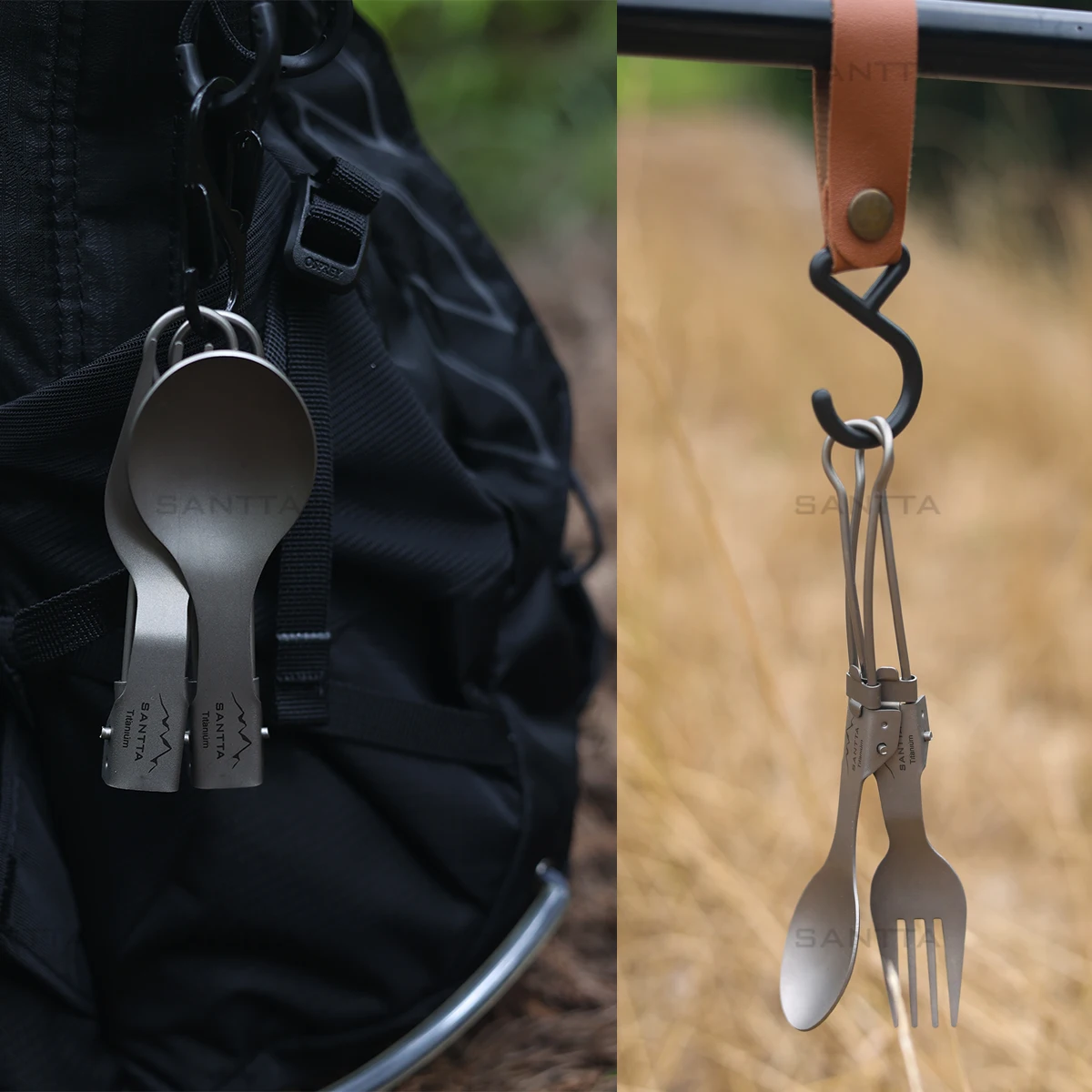 SANTTA Ultra-light Sturdy Camping Fork with Foldable Handle Made of Pure Titanium
