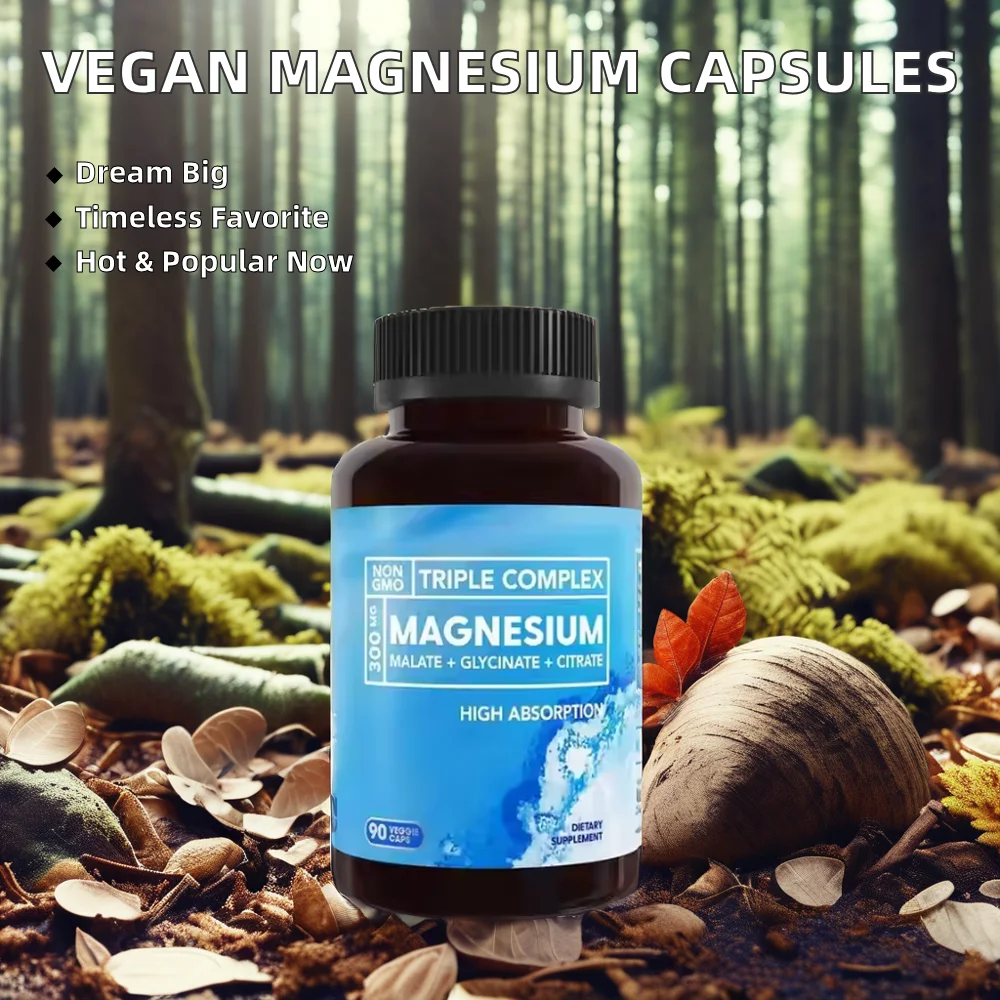 Private Label Vegan Triple Magnesium Complex 300mg Capsules Magnesium Glycinate Malate Citrate for Adults Relaxation Support