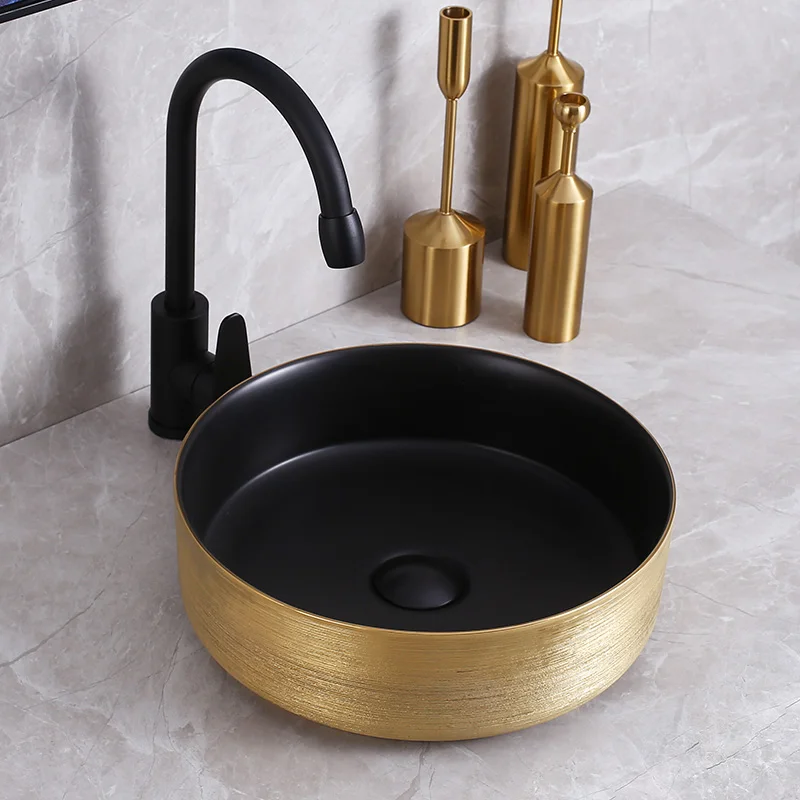 Sink Bathroom Electroplated Brushed Golden Round Shape Art Wash Gold Basin
