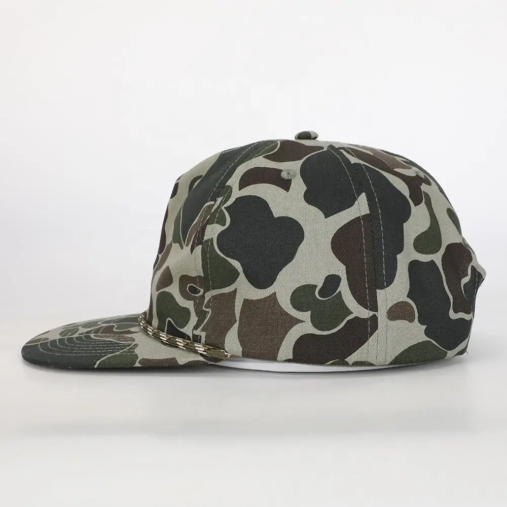Oem Wholesale Custom High Quality Embroidery Logo 5 Panel Sport Flat Brim Hat Camo Cotton Sport Gorras Cap Rope Snapback Cap