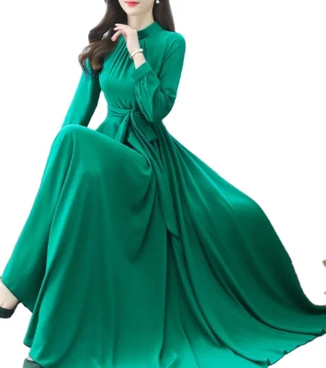 Women Pure color long sleeve dress spring and autumn new temperament waist slim chiffon dress