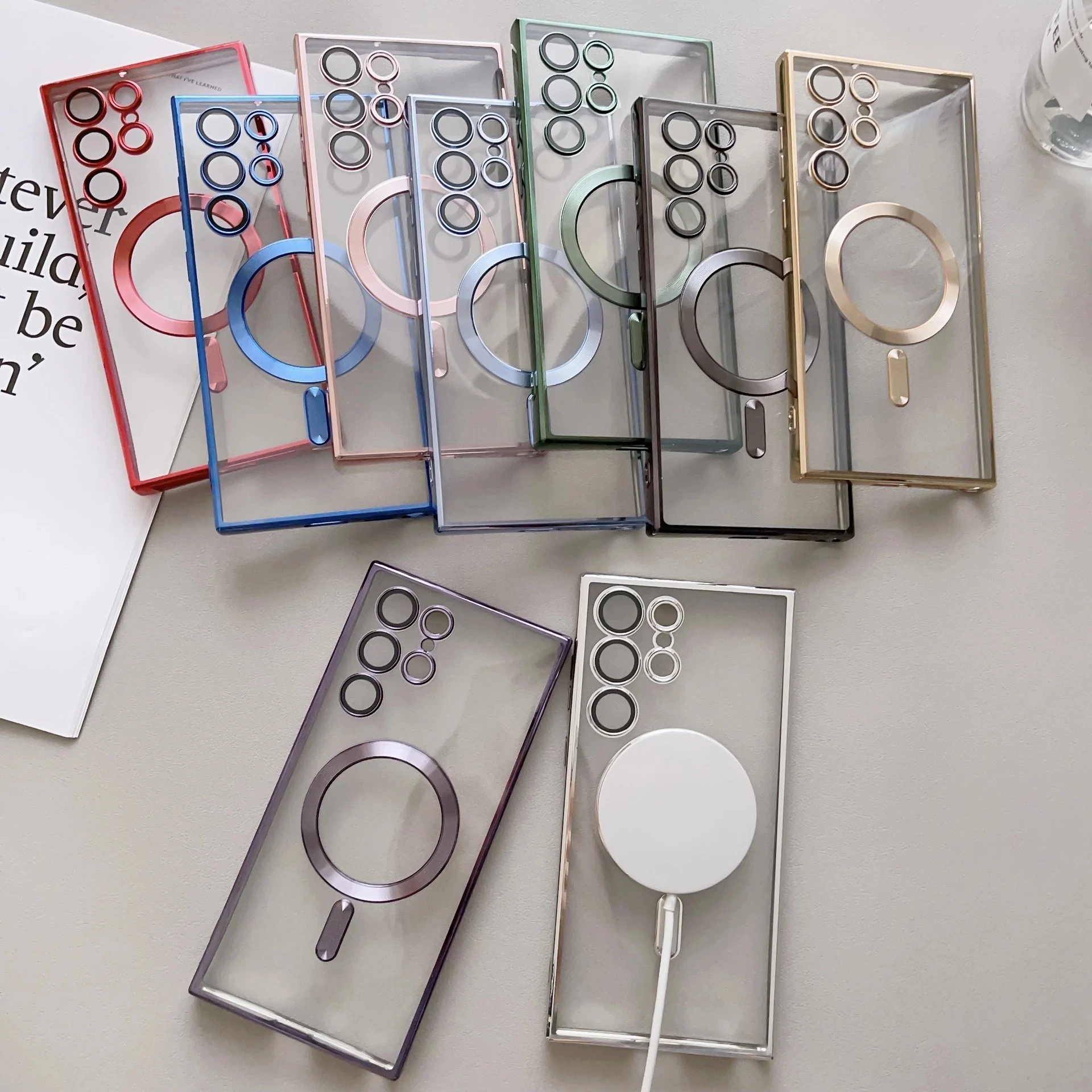 For Samsung S23 Ultra Magsafe Magnetic Electroplated Case S22 S21 Plus Note 20 Ultra Clear Transparent Lens Glass Film Cover
