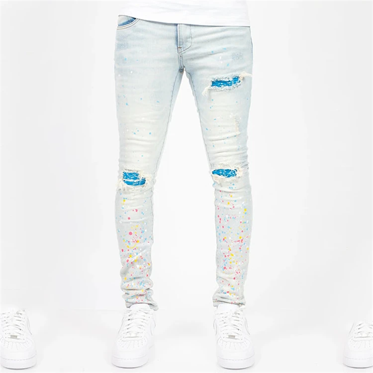 Active stretch streetwear biker denim ripped jeans men skinny patchwork jeans with pattern