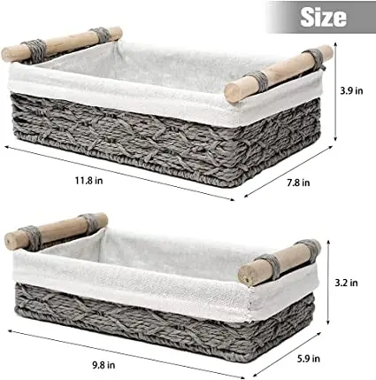 Grey Paper Rope Storage Basket Wicker Baskets Decorative Bins for Toilet Tank Top
