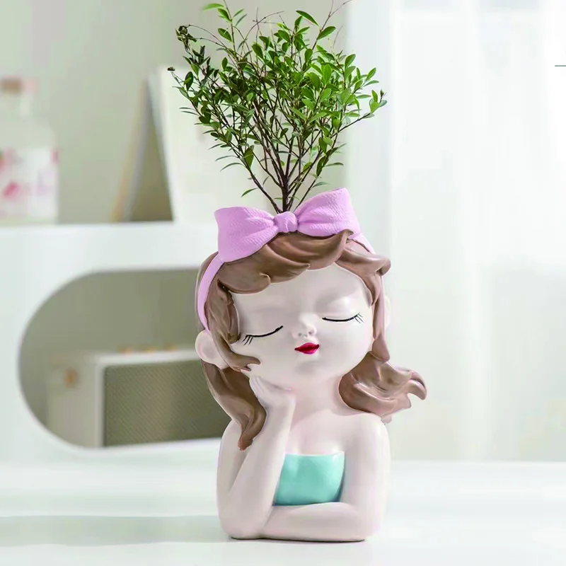 Custom logo new girl face flower planter creative cute girl resin succulent flowerpot for home decor
