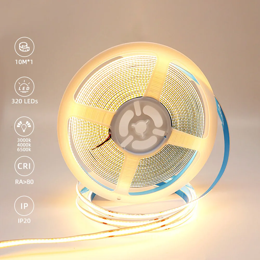 Christmas Led Lights COB 10m Roll 24v 320 Leds 8mm Width Multi Colors White Set Kit Cuttable Flexible Home COB LED Strip Light