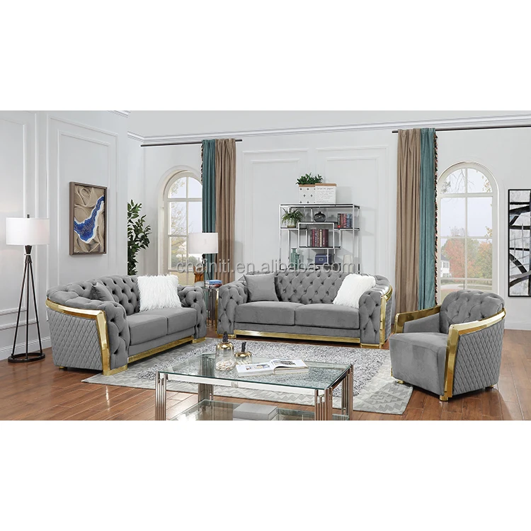 Modern Popular Beige Color Luxury Button Living Room Home Sofa Tufted Upholstered Stainless Steel Wooden Frame Sofa