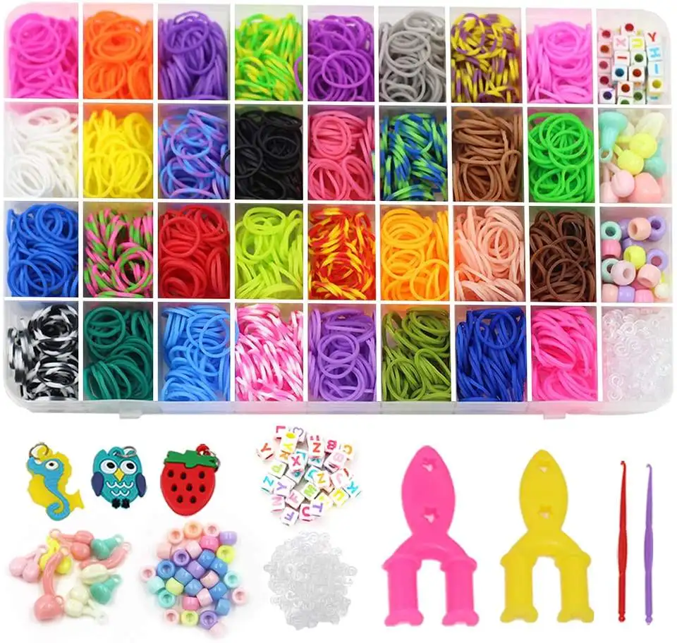 Hot Sales 1800+ pcs Rubber Bands Bracelet Kit 24  Colors Loom Bands Clips Beads Diy Set for kids