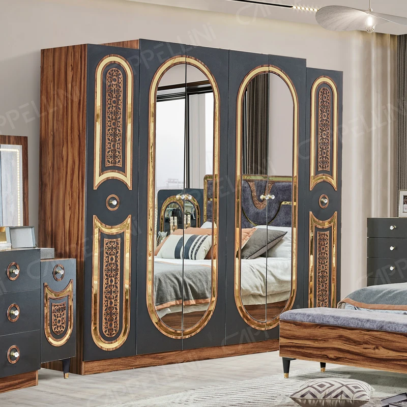 Turkish Royal Style Wood Frame Double King Size Bed Home Wooden Mdf Full Leather Modern Luxury Master Bedroom Furniture Set