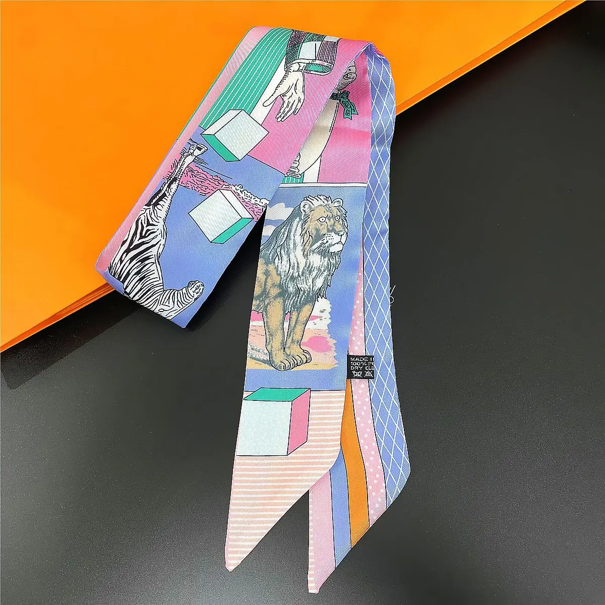 Luxury Brand Zebra Lion Printed Silk Scarf Women 90cm*5cm Silk Scarf Headband Small Twill Silk Long Scarves Bag Ribbon