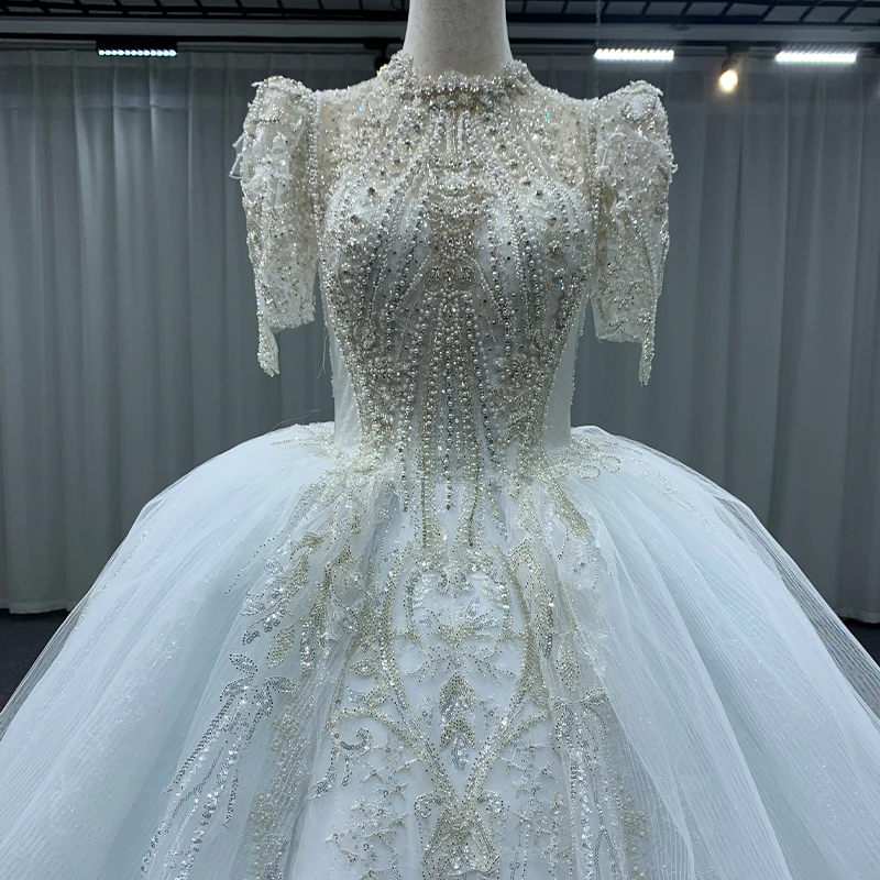 Jancember MN203 Modern High Neck Luxury Heavy Beaded Bridal Gowns Dress For Women