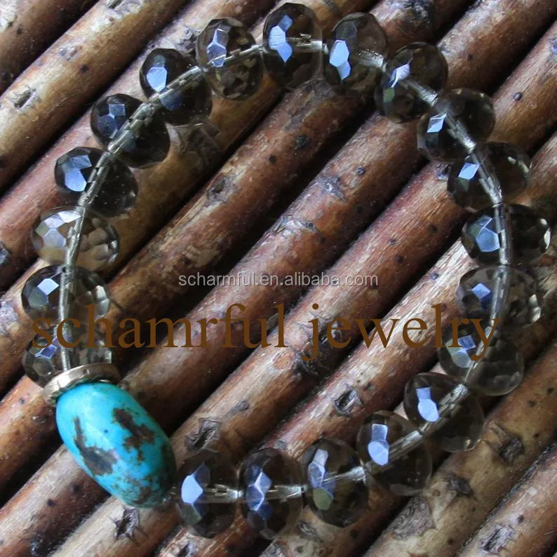 BS190942 -1 Boho Turquoise Slab Crystal Beaded Stretch Bracelet