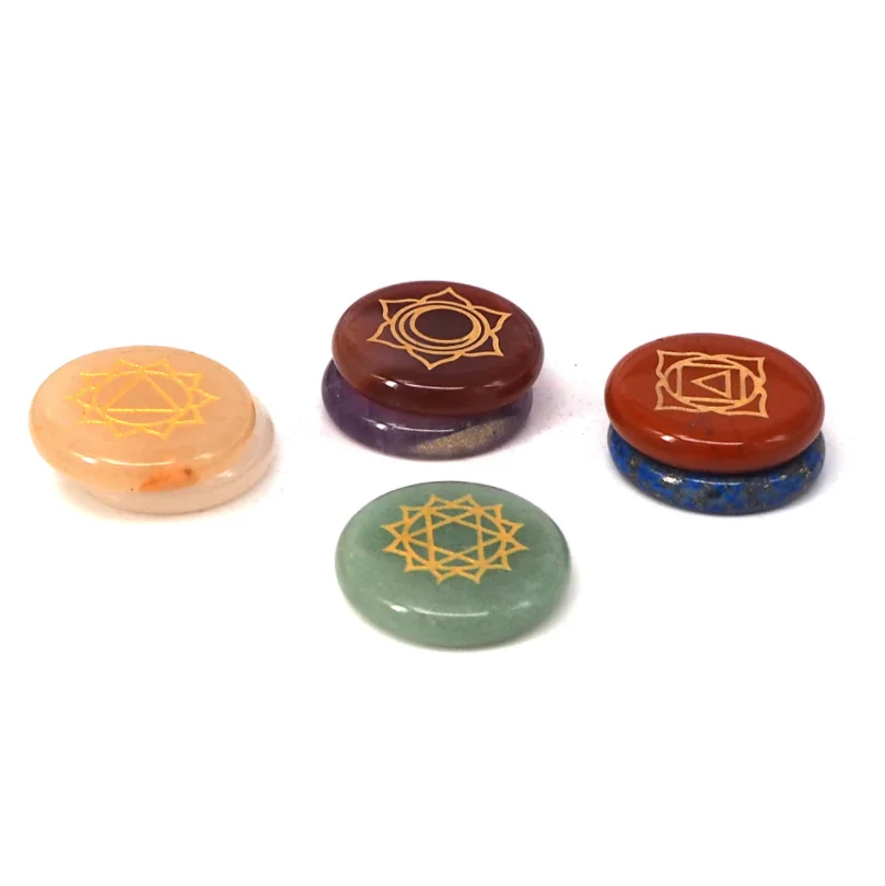 7 Seven Chakra Engraved Holistic Balancing Polished Reiki Healing Solids Crystal Mens Chakra Symbols Tumbled Palm Stone Sets Kit