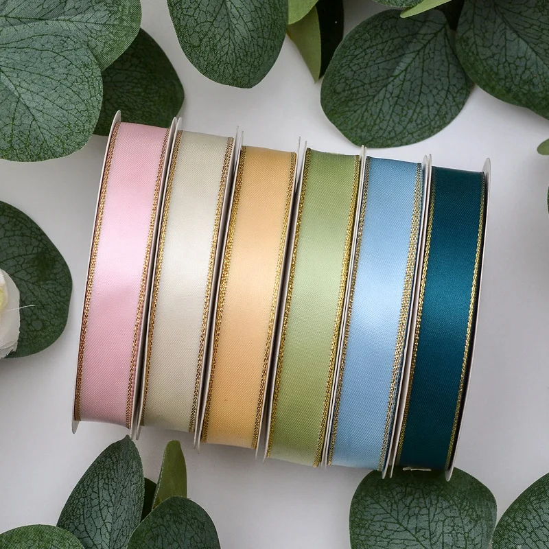Yama manufacturer wholesales price polyester 16mm width fashion novelty high quality satin ribbon gold edges
