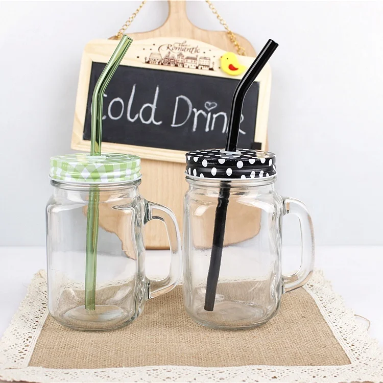 Hot selling  glass mason jar with handle tin lid and straw for juice drinking 450ml