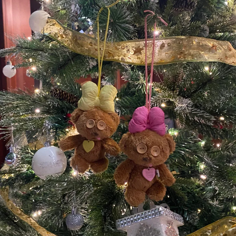 Winter vibe plush crooked mouth bear bag pendant bow button eyes Bear car pendant