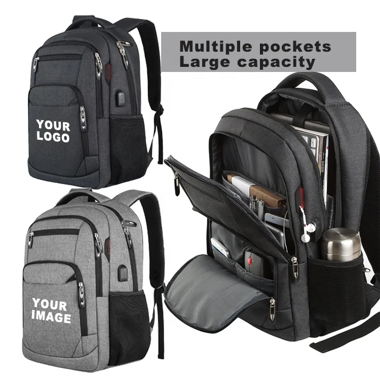 Customized Black Computer  School Bag Waterproof Business Travel  Nylon Custom Men Laptop Backpack With USB Charging