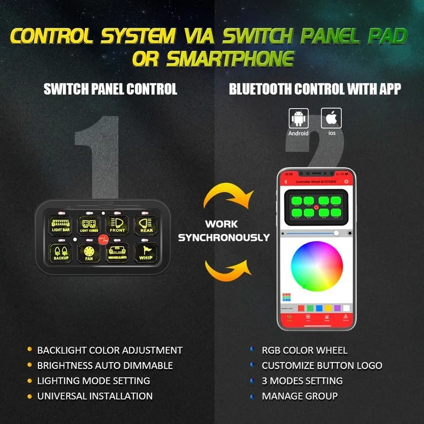 Off Road 4x4 12v 24v App Control 8 Gang Led Switch Boat Panel With Circuit Control for Car