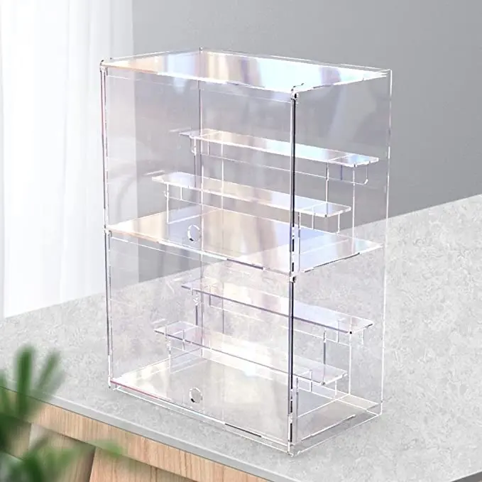 2 Tier Acrylic Display Case Clear Acrylic Display Box Assemble Countertop Acrylic Boxes with Door and Shelf