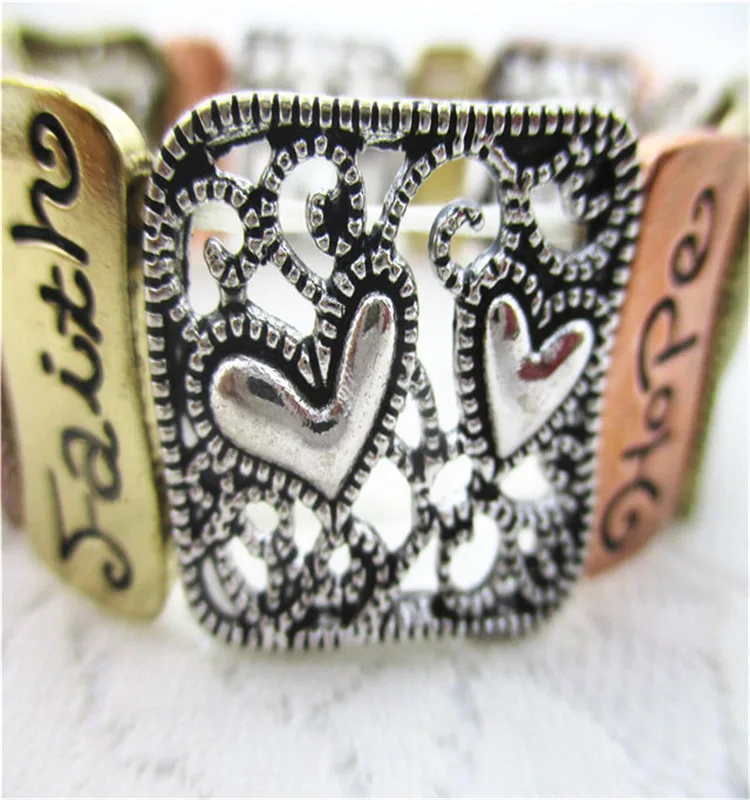 filigree texture mixed plating words of hope,faith,love engraved bracelet