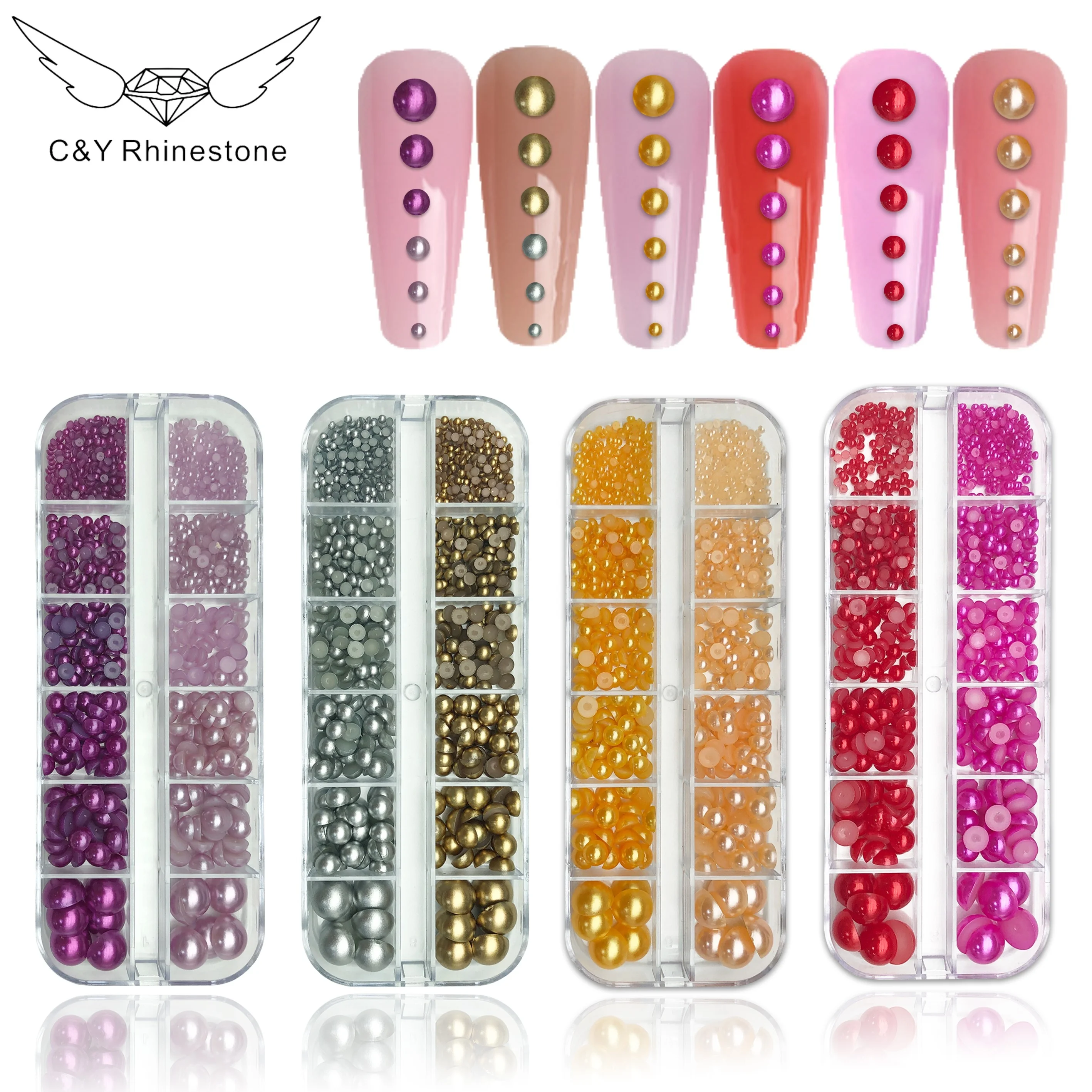 C&Y 12 Grids Mixed Colors Sizes Round Flat Back Pearls on Nail Resin Beads Loose Pearl