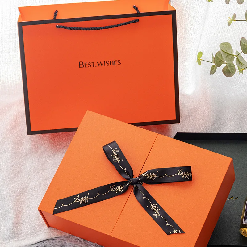 
Gift Box With Matching Bag Personalized Luxury Orange Perfume Bottle With Gift Box Beautiful Bow Ribbon Double Door Gift Box 