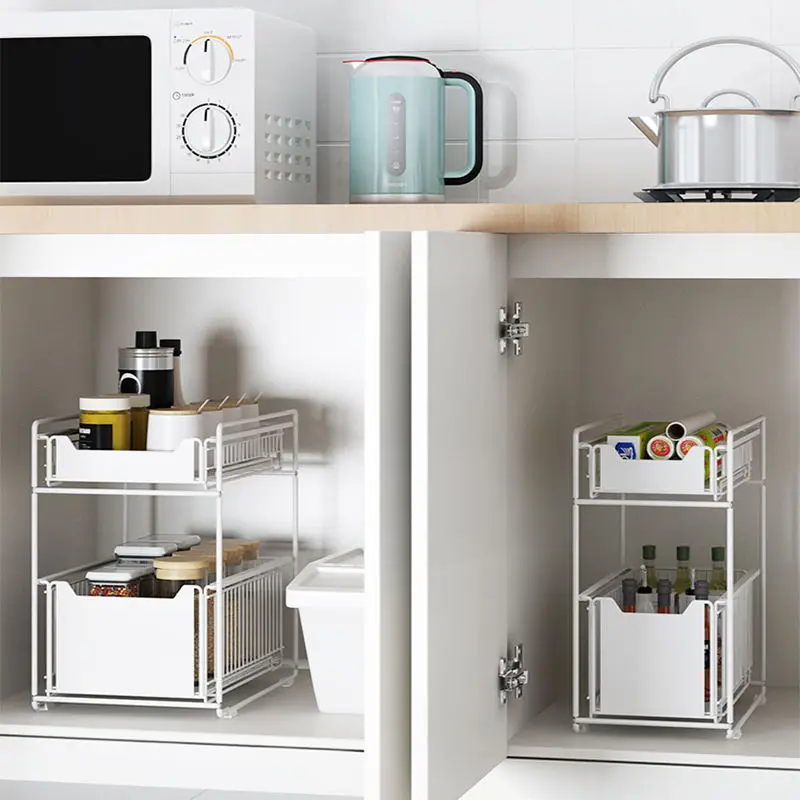 Retractable steel shelf 2-tier under sink cabinet sliding basket organizer