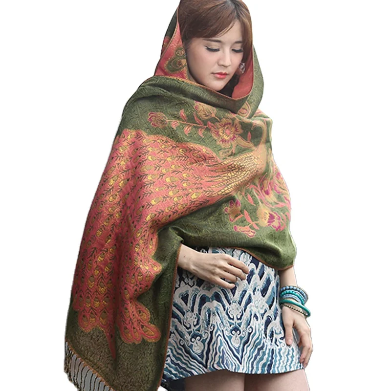 GEERDENG New Top Sales Gold Shiny Paisley Body Wrap Stole Women Peacock Design Jacquard Shawl Jacquard Pashmina Scarf and Shawls