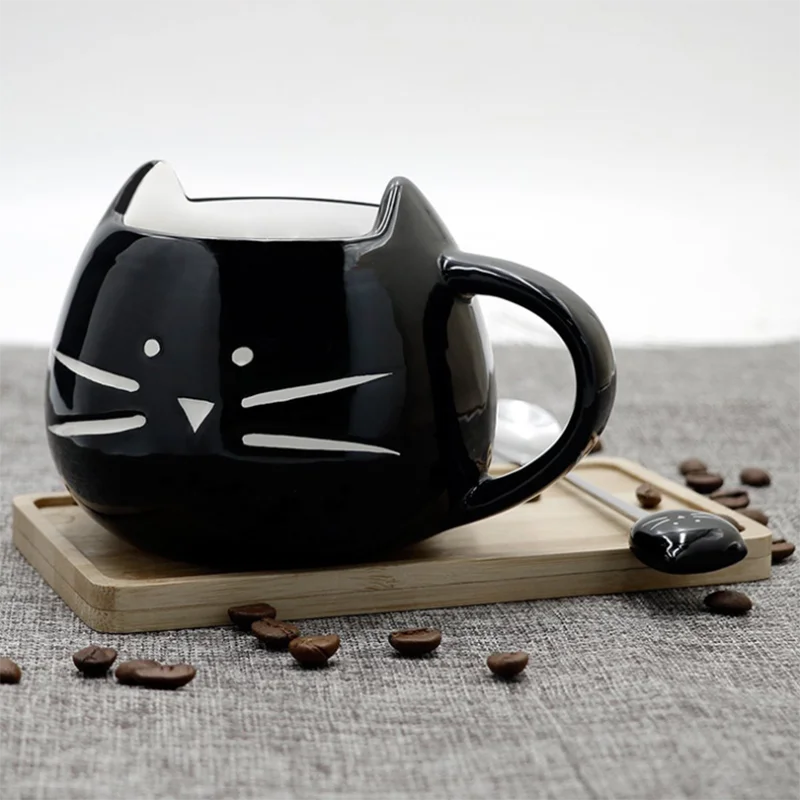 UCHOME Creative Gift Cartoon Black And White Ceramic Cat Mug With Funny Cat Spoon 12 oz Ceramic Tea Coffee Mug Cup
