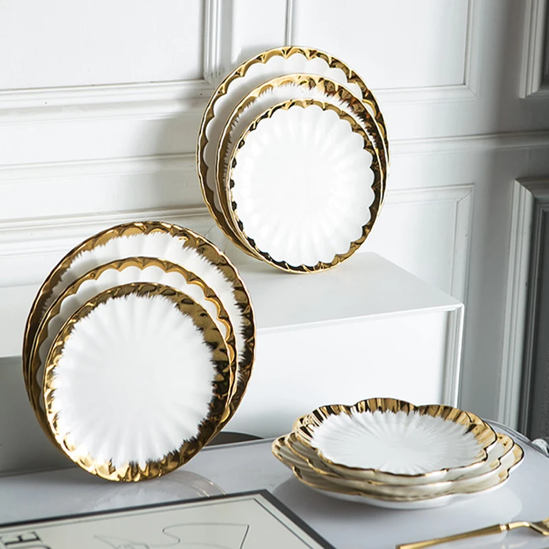 European Style Luxury Ceramic Serving Plates Dishes Gold Rim White Dinner Plates Tableware 8/9/10 Inch Porcelain Dishes & Plates