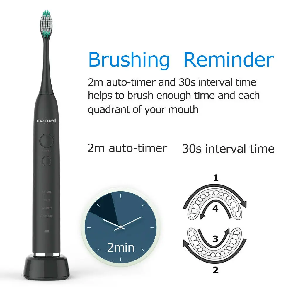 Mornwell D01B+ Sonic Electric Toothbrush Rechargeable Brushes IPX7 Waterproof with 8 DuPont Replaceable Brush Heads + Travel Box
