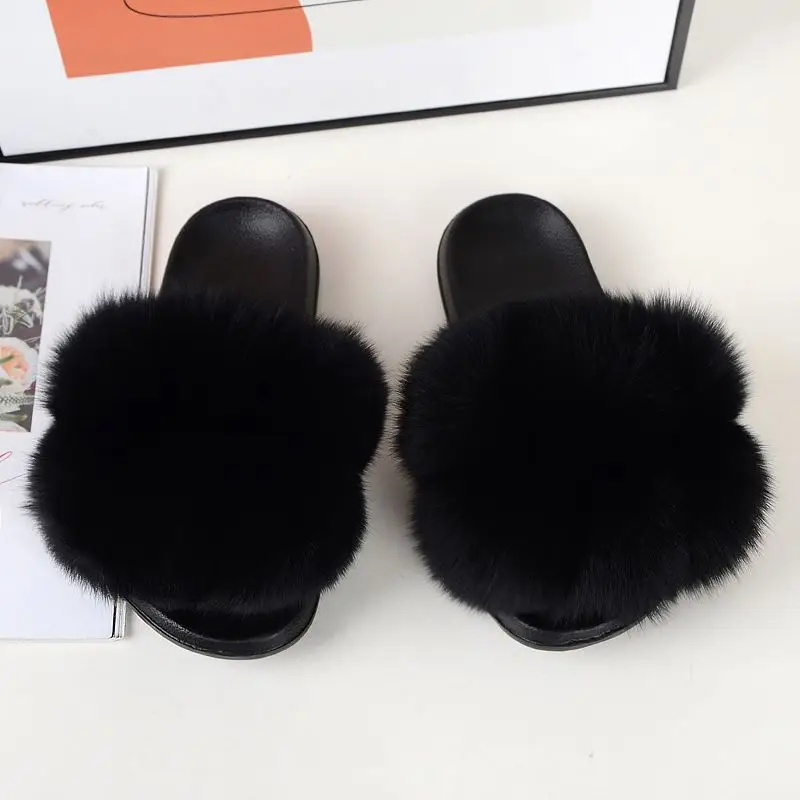 New Fashion Ladies Fox Fur Slippers Faux Futured White Furry Women Blue Slides Non-Slip Sheepskin Fuzzy Furcharm Real