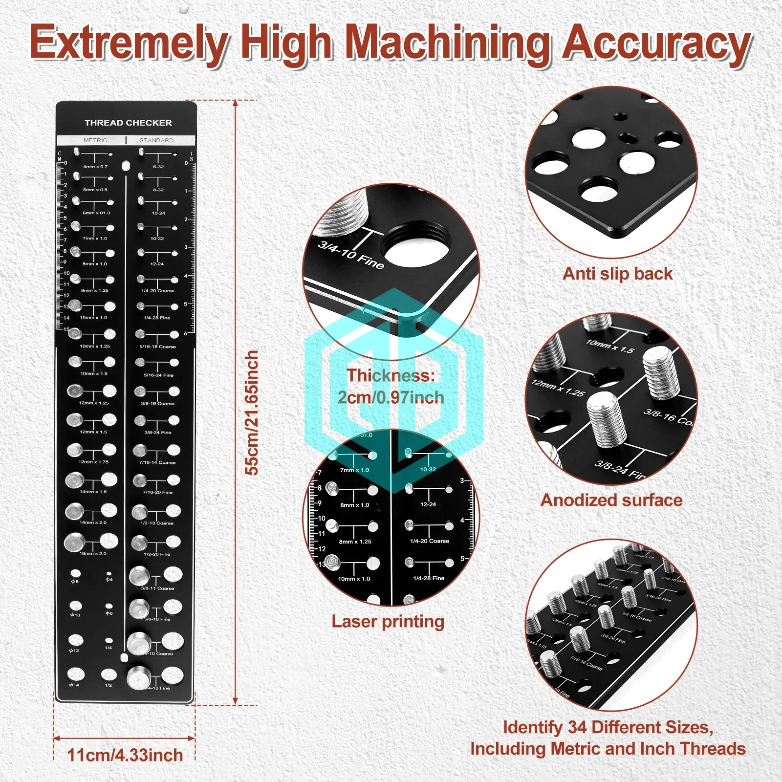 Nut and Bolt Thread Checker Set Carbon Steel Thread Identifier Gauge Standard and Metric Size Precise Screw Measuring Tool