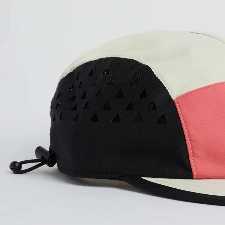 High Quality Fashion Custom Logo Running Sport Waterproof Nylon Laser Cut Hole Camp 5 Panel Cap
