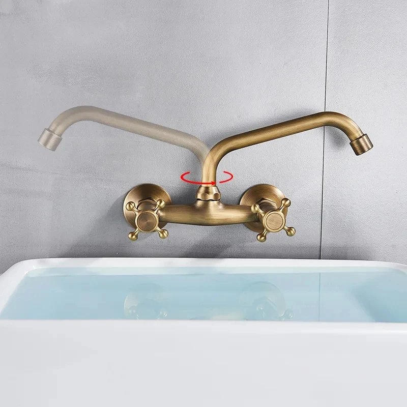 Antique Brass Kitchen Faucet Hot And Cold Water Mixer Faucets Wall Mounted Tap Vessel Sink Mixer Tap Swivel Spout Basin Mixer