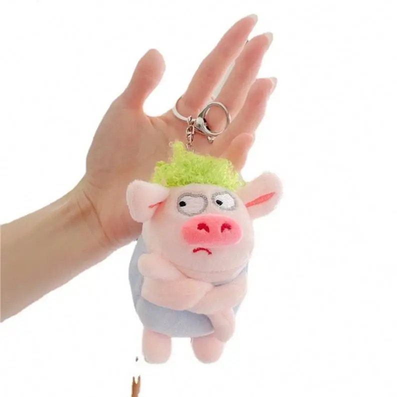 12cm Pig Plush Keychain Toy Mini Cute Cartoon Stuffed Animal Doll Bag charm Kids Gift Funny Kawaii Angry Green Hair Pig Keychain