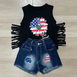 Girls Heart Star Sunflower Independence Day Tank Top Short Sleeve T-shirts with Washed Denim Jeans Shorts 4th of July Outfit