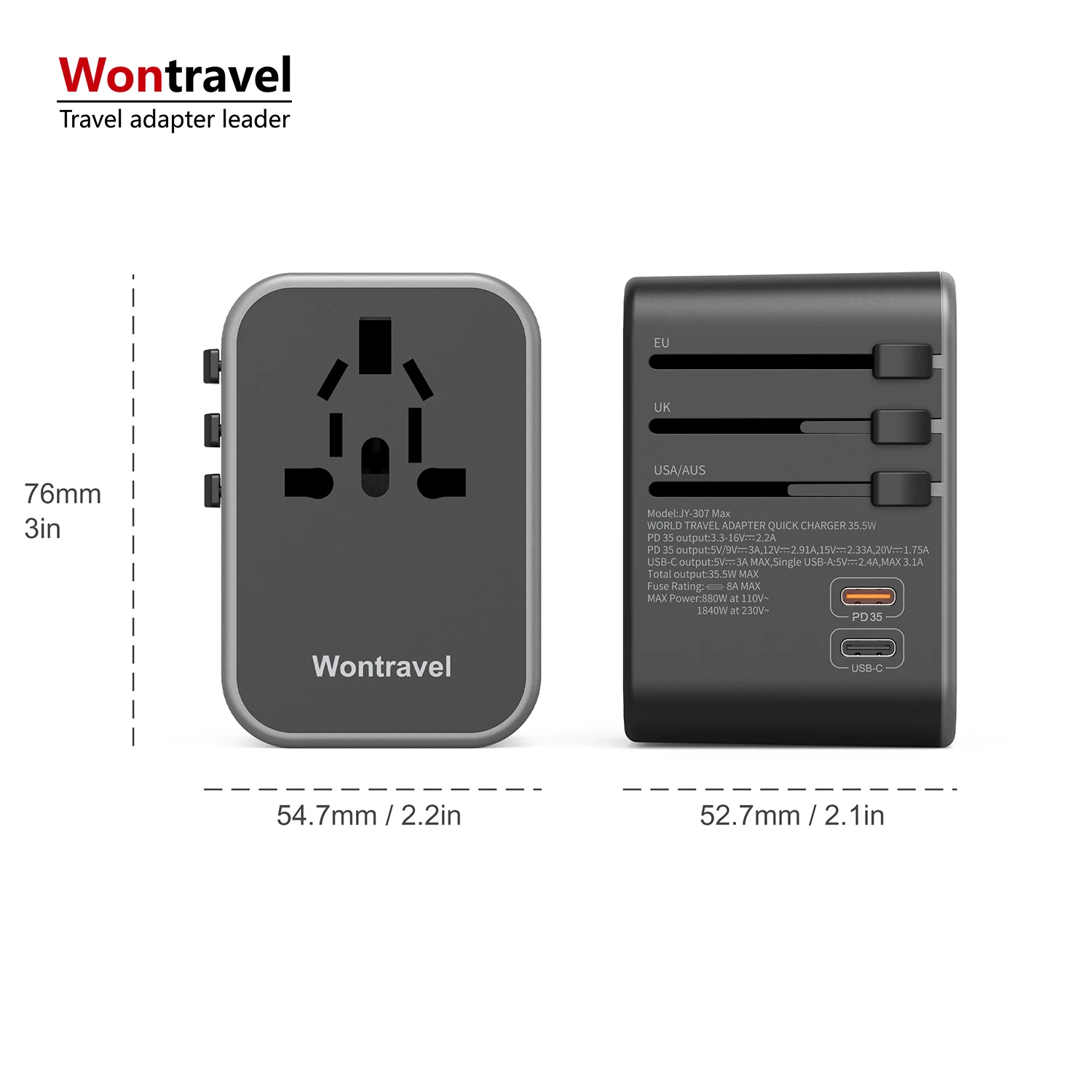 Wontravel CE FCC дорожный адаптер Daul Type C универсальный Электрический многофункциональный для путешествий Usb 35 Вт Быстрая