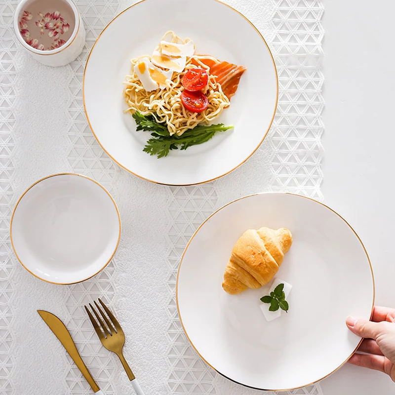 Gold Rim Charger Plates for Wedding Wholesales Fine Bone China Decorative Dishes Set White Dinner Table Plates with Gold Trim