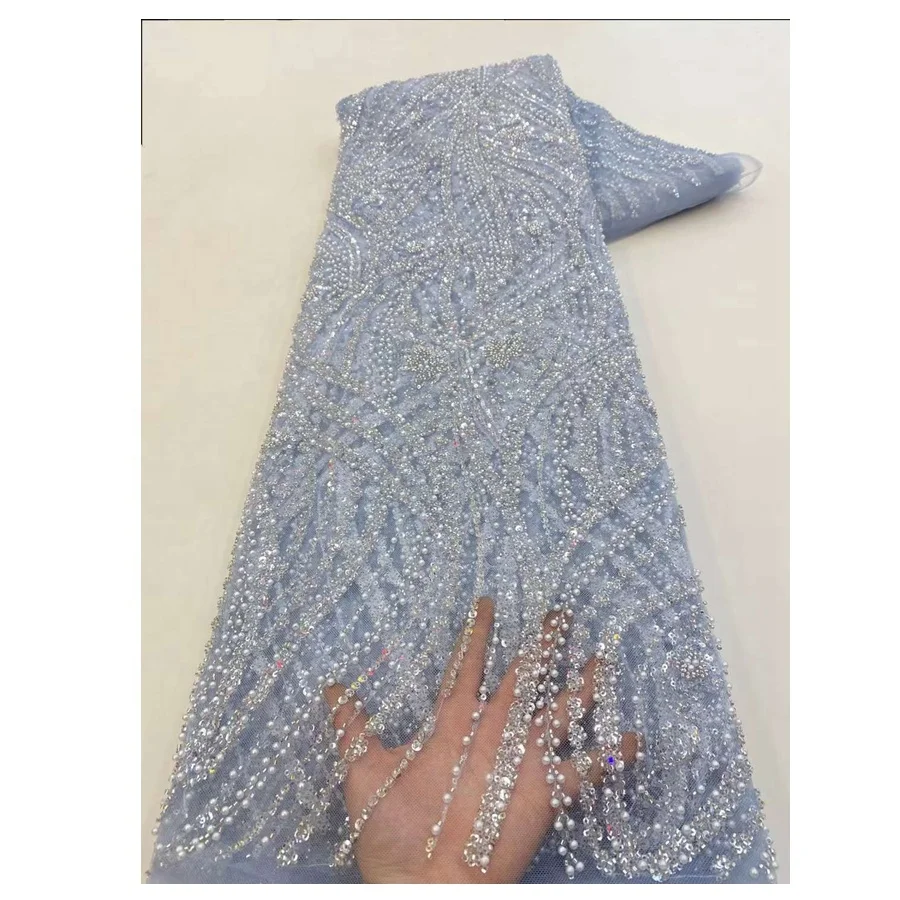 Nigerian Bridal Fabric Luxury Embroidery Beads Sequins Lace Pearls Beaded Lace Fabric For Women Wedding Dress