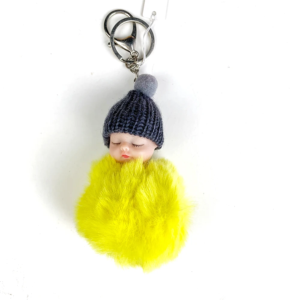 Дешевые желтый мех pom брелок с пушистым шариком маленькая девочка puff ball брелки