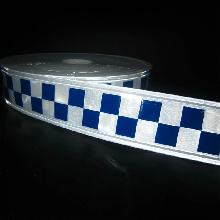Custom Glow in the Dark Sew on Warning Polyester Blue White Reflective Checker Tape