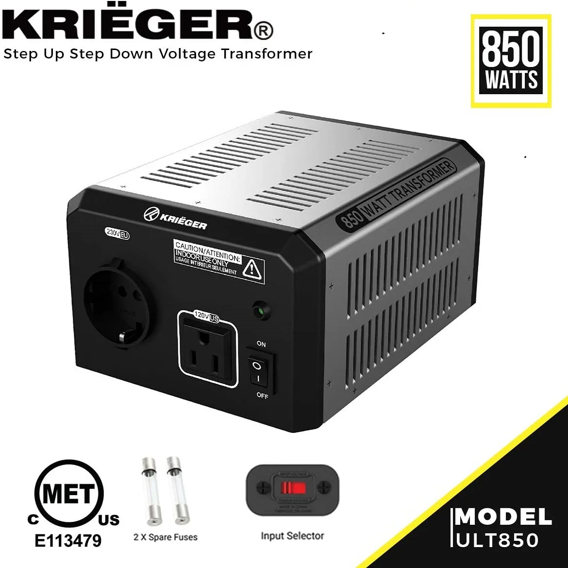 Krieger 850 Watt Voltage Transformer 110/120V to 220/240V Step Up Step Down Voltage Converter MET Approved