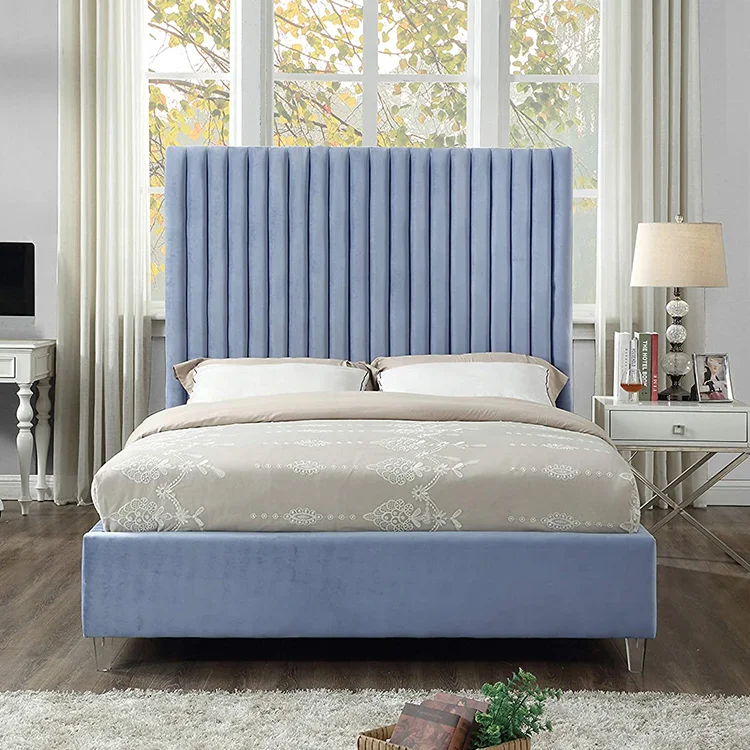 
Bedroom upholstered queen high headboard metal couple sex california king size slat platform crushed velvet bed 