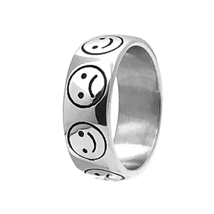 
QY Design Classical Style Steel Gold Plated Band Rings For Happy & Sorrowful Face 