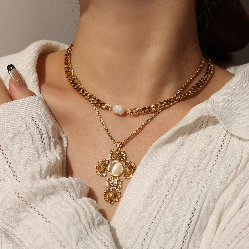 Vintage Stainless Steel Large Cross Charm Necklace Statement Jewelry Religious Accessories Necklaces Opal Cross Pendant Necklace