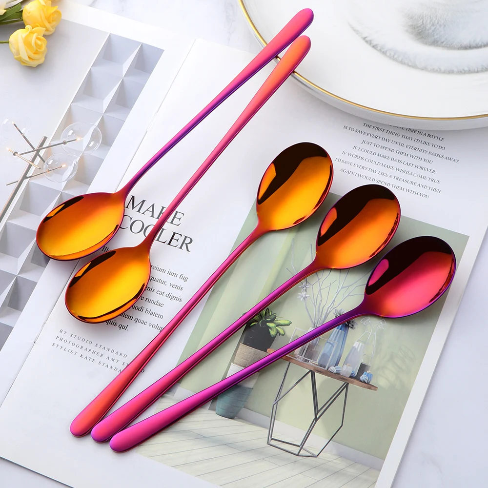 Wholesale Korean Style Titanium Stainless Steel Rice Gold Long Handle Round Soup Spoon