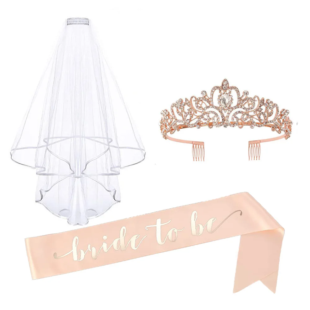 Wedding Bridal Shower Party Accessories Set Bride To Be Sash Bridal Tiara Crown Veil For Bachelorette Party Supplies