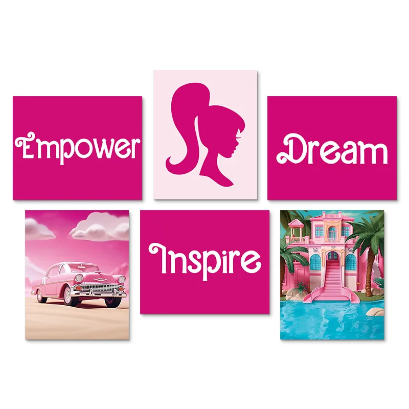 Hot Selling Pink Fashionable Girl Bedroom Holding Hoom Decoration Painting Cute Sweet Wall Room Poster Oil Art Posters Set